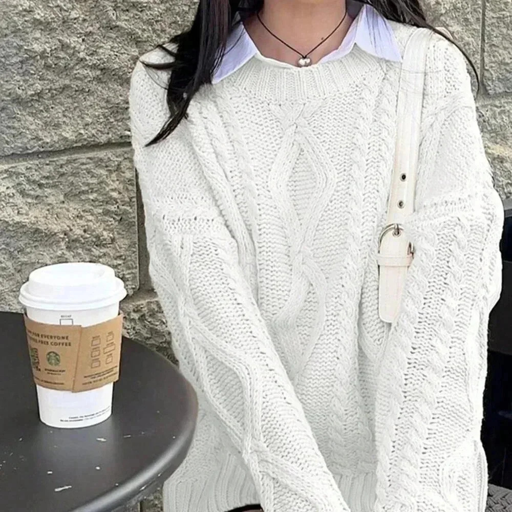 White Casual Women's Deep Round Neck Cable Knit Loose Pullover Sweater - Picture 6 of 7